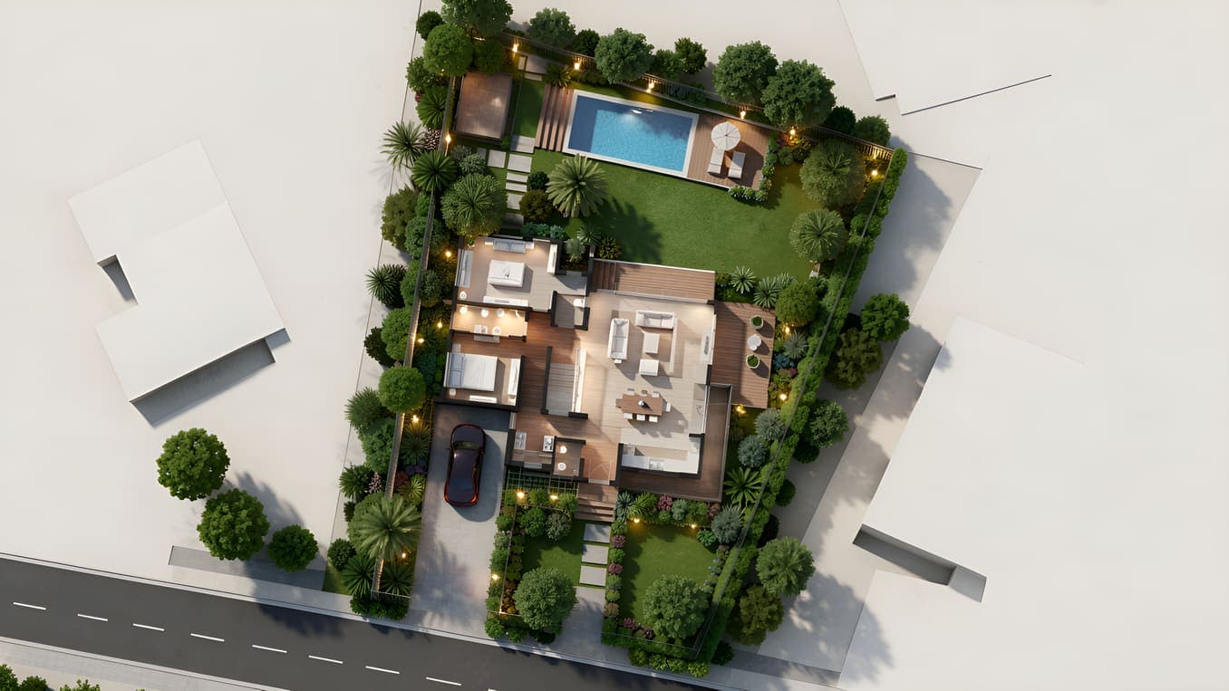 Photoreal AI render of the same site with the house, pool and landscaped garden