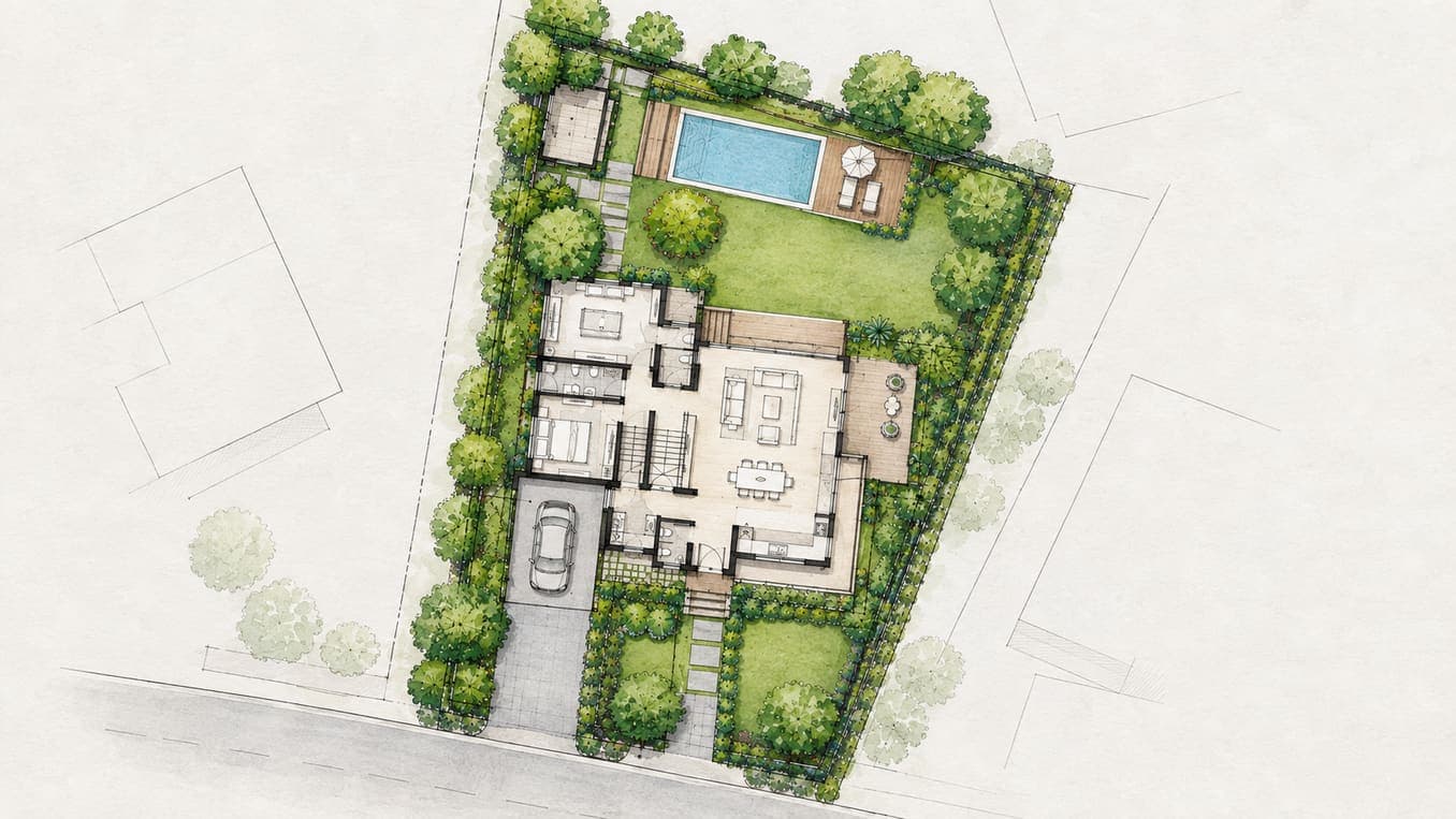 Hand-drawn watercolour site plan of a house with a pool and garden