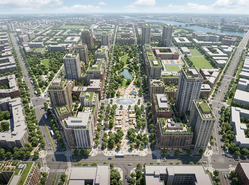 Aerial render of a city district with towers, streets and green corridors